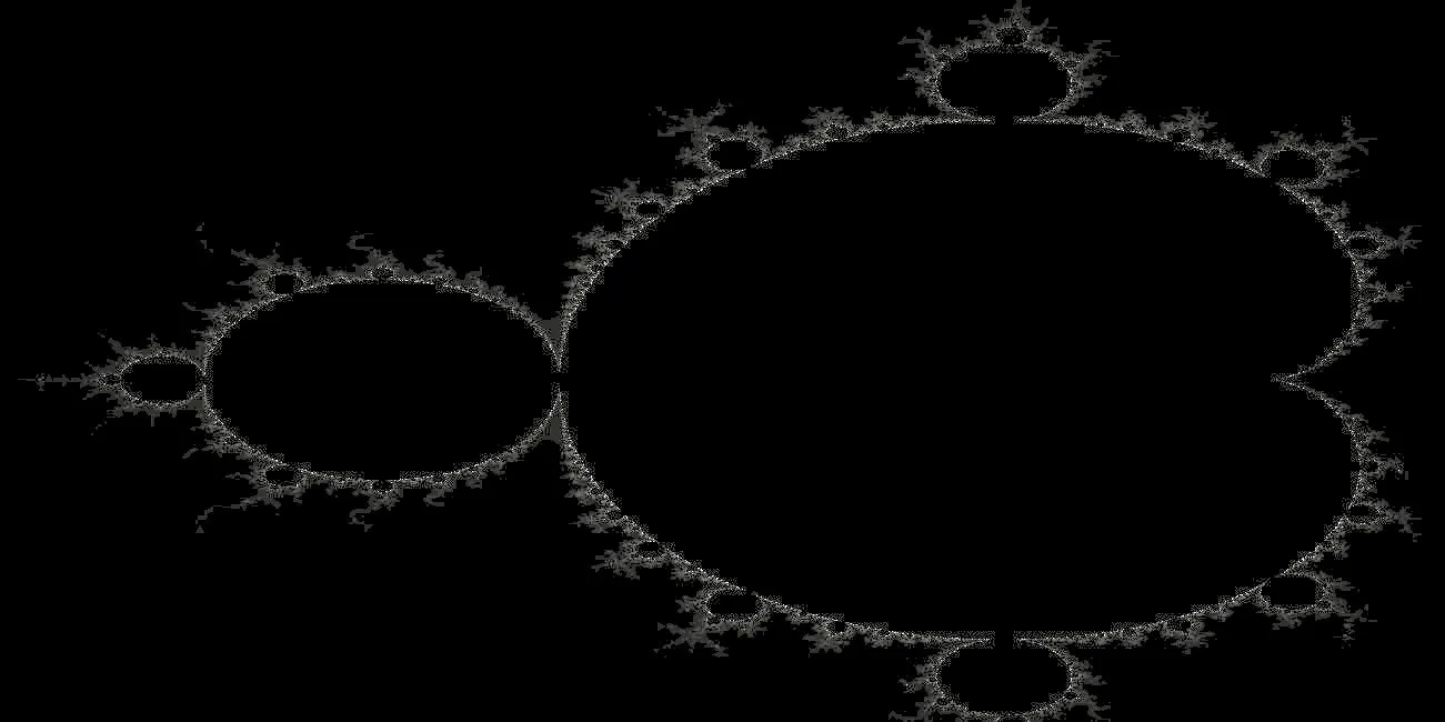 Grayscale Mandelbrot output with a black central shape and fine branching detail along its boundary.